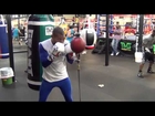 Ashley Theophane working the double end bag at the Mayweather Boxing Club